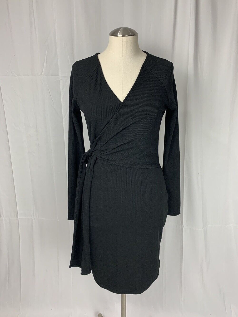 BTFBM Women Fashion Ruched Elegant Long Sleeve Wrap Front Black Dress S